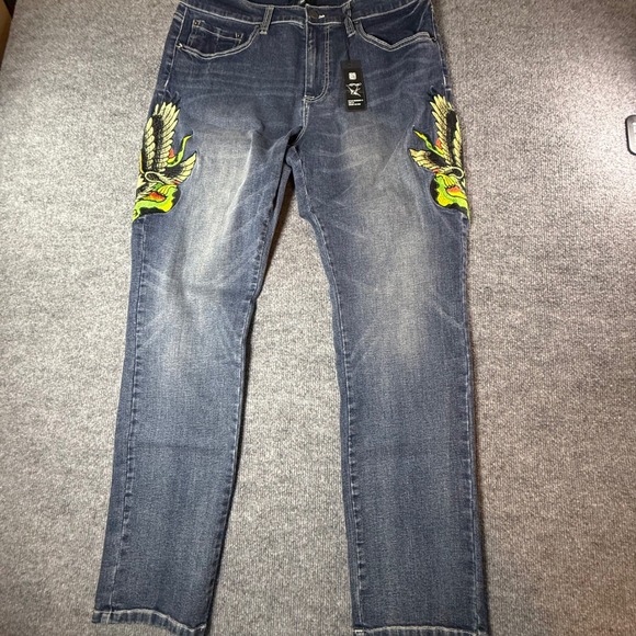 Ed Hardy Other - Ed Hardy Mens Slim Straight Embroidered Eagle Snake Jeans Blue 36 MEHD8301-8 NWT